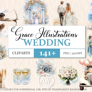 Paquete de imágenes prediseñadas de boda con ilustraciones en acuarela para invitaciones de boda, menú, guardar la fecha, cronología / tarjetas de boda / PNG de boda