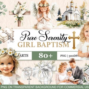 Baptême bébé fille Clipart | Illustrations de communion de baptême | Graphiques d'invitation de baptême pour cartes et décoration | Téléchargement numérique | PNG