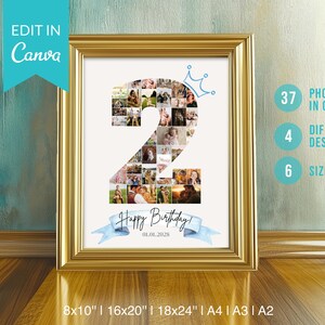 Puede incluir: Un marco de fotos dorado con fondo blanco y un collage de fotos de un número 2 hecho de fotos más pequeñas. El collage está decorado con una corona azul y una cinta azul con el texto "Happy Birthday! 01.01.2028". El marco está sobre una superficie de madera. El texto "37 Photos in Collage", "4 Different Designs" y "6 Sizes" es visible en el lado derecho de la imagen.