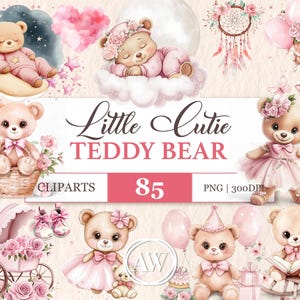 Little Cutie Pink Teddy Bear Clipart - Cartone animato Teddy Bear PNG per decorazioni per la cameretta dei bambini e illustrazioni per baby shower / Wall Art Nursery Baby clipart