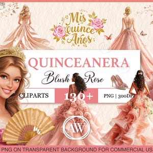 Quinceaňera BLUSH ROSE Clipart-Set - 130+ elegante PNGs mit Mädchen-Kronen-Zubehör für Einladungen Scrapbooking-Dekor