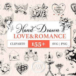 Hand-Drawn Romantic SVG Clipart Bundle Valentine&#39;s Day, Icons for Love-Themed Projects, Valentine&#39;s Day Cards, and More