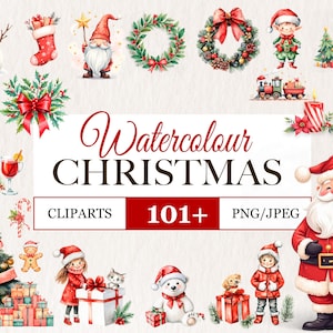 Christmas clipart Watercolor Illustrations | Christmas and winter elements and characters | Christmas | Santa Snowman Angel Children Animals