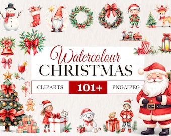 Watercolor Christmas Clipart Bundle: Festive PNG Illustrations (Digital Download)