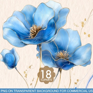 Saphir éthéré - 18 PNG floraux bleu ciel, clipart aquarelle de rêve avec fond transparent pour invitations et projets artistiques