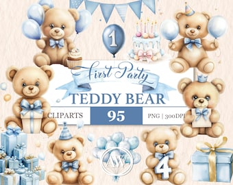 Clipart aquarel teddybeer: 95 blauwe png's voor babyshower (digitale download)