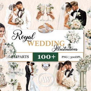 Paquete de imágenes prediseñadas de ilustraciones de bodas reales / Gráficos de bodas para invitaciones, menús, guardar la fecha, cronología, decoración de bodas, tarjetas DIY