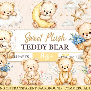 Teddy Bear Clipart, Watercolor Beige Bear | Cute Baby Bear PNG, Bear Illustration, Nursery Animal Art, Baby Shower Clipart, Digital Download