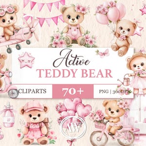 Aktywny różowy miś clipart- Miś z kreskówek PNG do dekoracji pokoju dziecięcego i ilustracji na baby shower | Sztuka ścienna do pokoju dziecięcego | Clipart dla dziecka png