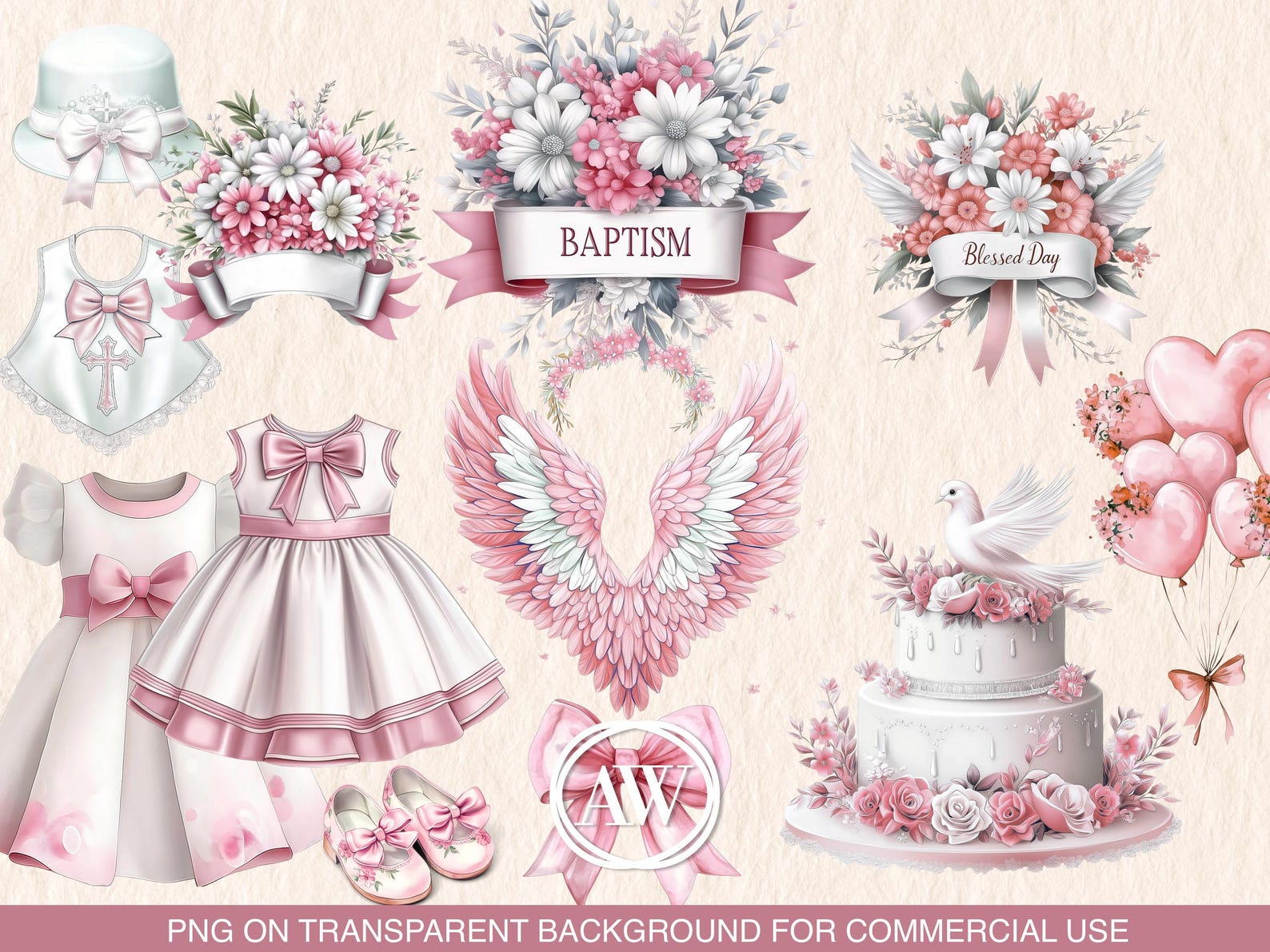 Baby Girl Baptism Clipart: Rose Christening Graphics (digital Download ...