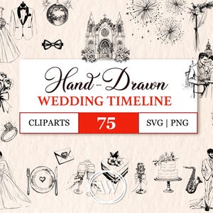Può includere: Un set di 75 illustrazioni di cronologia di matrimonio disegnate a mano in bianco e nero. Le illustrazioni includono un abito da sposa, uno smoking, una chiesa, una torta nuziale, un bouquet di fiori, una fede nuziale, un flauto di champagne, un microfono, un sassofono, un arco di matrimonio, fuochi d'artificio e una scatola regalo.
