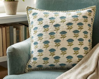 Handblock Printed Quilted Cushion Cover 50x50cm | Jaipur Blue Teal Floral Pillow Case