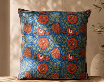 Hand Block Print Cotton Cushion Cover - 50x50 cm | Tropical Garden Floral Indian Throw Pillow