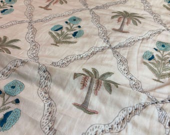 Teal Palm Grove Hand Block Print Jaipuri Quilt | 100% Cotton Razai | Reversible Heirloom | 230x270 cm