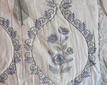 Handmade Jaipuri Block Print Cotton Quilt | Reversible Blue and White, Lightweight Soft Bedspread