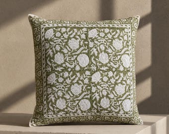 Hand Block Print Cotton Cushion Cover - 50x50 cm | Olive Garden Floral Indian Throw Pillow