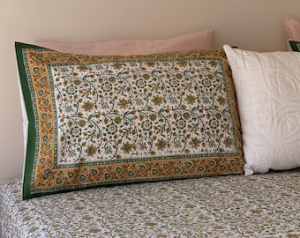 HandBlock Printed Cotton Flat BedSheet With 2 Pillowcase| Jaipur Artisanal Floral | 275cm x 275cm