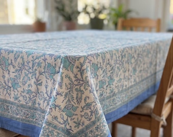 Handblock Print Tablecloth & Napkin Set Blue Floral | Large / XL or Napkins Set of 2