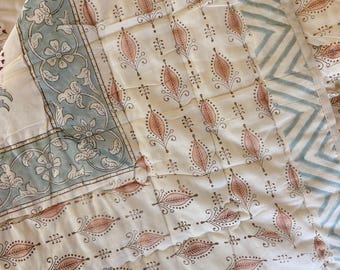 Rust Leaf & Sage Hand Block Print Jaipuri Quilt | 100% Cotton Razai | Reversible Heirloom | 230x270 cm