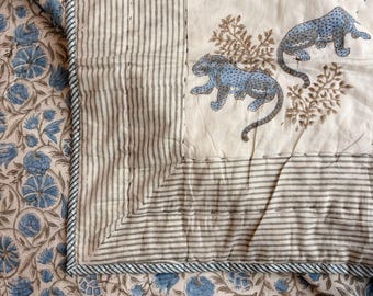 Blue Leopard Safari Hand Block Print Jaipuri Quilt | 100% Cotton Razai | Reversible Heirloom | 230x270 cm