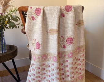 Pink Cypress Handblock Print Cotton Sofa Throw  - Jaipur Artisan Slub Cotton Blanket - Pet-Friendly & Durable