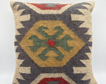 Handwoven Kilim Cushion Cover No.6 45x45cm | Jute Cotton Blend Jaipur Pillow | Throw Pillow |