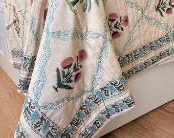 Teal Palm & Bloom Hand Block Print Jaipuri Quilt | 100% Cotton Razai | Reversible Heirloom | 230x270 cm