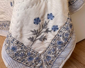 Blue Floral Spray Hand Block Print Jaipuri Quilt | 100% Cotton Razai | Reversible Heirloom | 230x270 cm