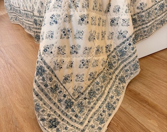 Indigo Floral Hand Block Print Jaipuri Quilt | 100% Cotton Razai | Reversible Heirloom | 230x270 cm