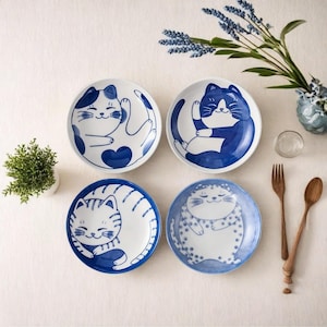 Plato de cerámica para salsa de postre con diseño de gato de la suerte de estilo japonés, 4 piezas, 10 cm, miniplatos creativos para condimentos de sushi y frutas