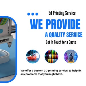 3D printing to your spec and design just get in touch We make your ideas come alive, we print in, pla, abs, petg, and more. Give us a try.