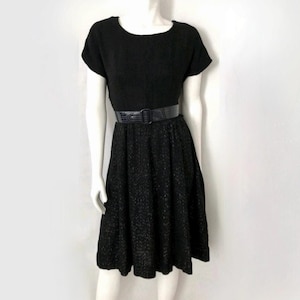 Vintage 60&#39;s Black, Silver, Swing Dress, Short Sleeve, Knee Length (M)
