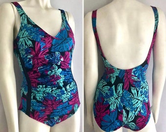 Vintage 80’s Blue, Magenta, Leaf Printed, One Piece, Swimsuit by Maxine of Hollywood (M)