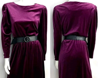 Vintage 80's Purple, Velour, Long Sleeve, Dress (M)