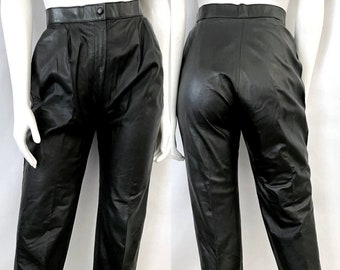 Vintage 80's Black Leather Pants, High Waisted, Tapered Fit (Size 6)