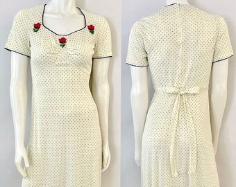 Vintage 70's Cream, Polka Dot, Maxi Dress (Size 4)