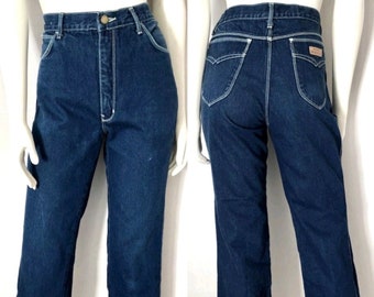 Vintage jaren 70/80 jeans met hoge taille, donkere wassing, rechte pijpen, denim van Rigolletto (L)