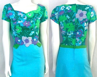 Vintage 60's Jeannette Alexander, Blue, Floral, Short Sleeve, Shift Dress (S)