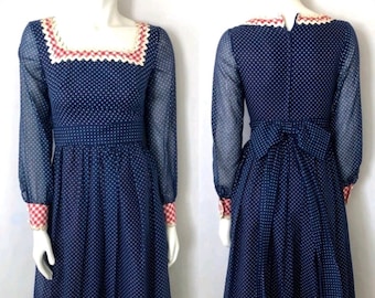 Vintage 70's Miss Elliette, Polka Dot, Long Sleeve, Maxi Dress (Size 2)