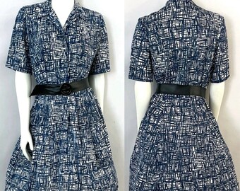 Vintage 50's Casualmaker by Sy Frankl, White, Blue, Swing Dress (XL)