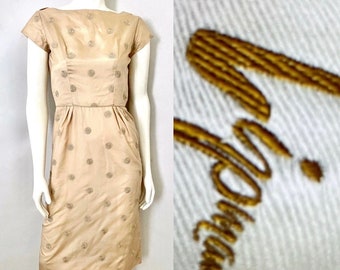 Vintage 60's Lipman's, Beige, Polka Dot, Wiggle Dress, Knee Length (S)