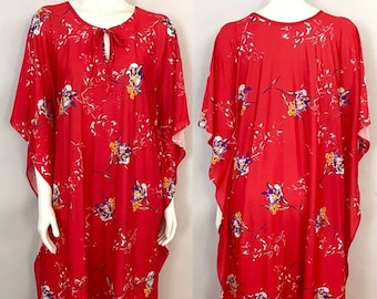 Vintage 60's/70's Red,Hawaiian, Pleated, Floral, Caftan (One Size)
