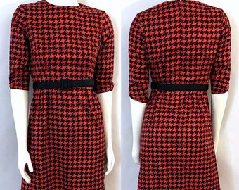 Vintage 60's Mod, Red, Black, Houndstooth, Pencil Dress (Size 2)
