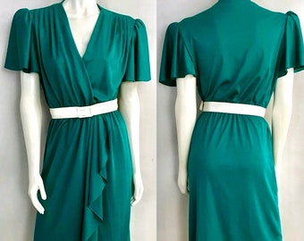 Vintage 80's Teal, Polyester, Wrap Dress by Alison Peters Pet. (Size 6)