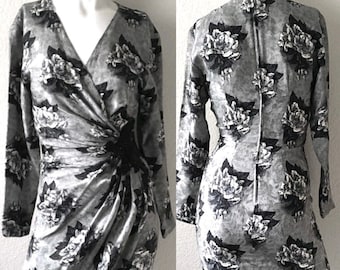 Vintage 80's Silk Wrap Dress, Gray, Floral, Beaded, Long Sleeve (S)
