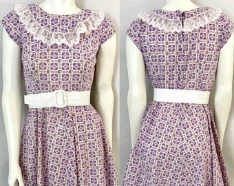 Vintage 60's White, Purple, Floral, Dress (Size 4)