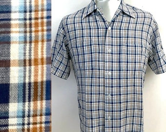 Vintage 70's JC Penney, White, Blue, Plaid, Short Sleeve, Shirt (L)