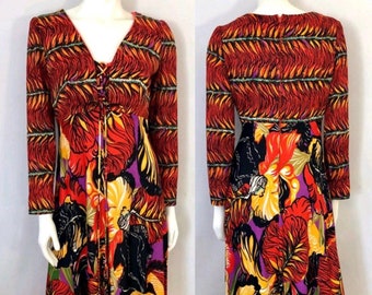 Vintage 70's Maxi Dress, Long Sleeve, Abstract Floral (M)