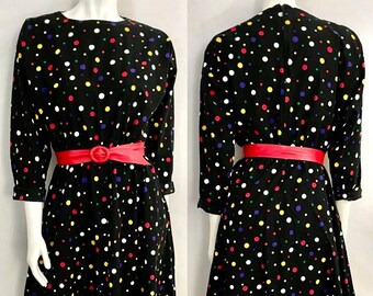 Vintage 80's Black, Colorful, Polka Dot, Dolman Sleeve Dress (M)