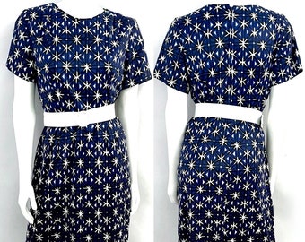 Vintage 60's Mod Dress, Navy Blue, Short Sleeve, Polyester (Size 12)